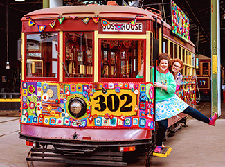 The brightly coloured crocheted Yarn Bomb Tram sitting at the Bendigo Tramways Depot